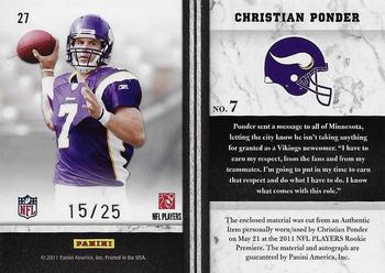 2011 Panini Limited - Rookie Jumbo Jerseys Autographs Prime #27 Christian Ponder Back