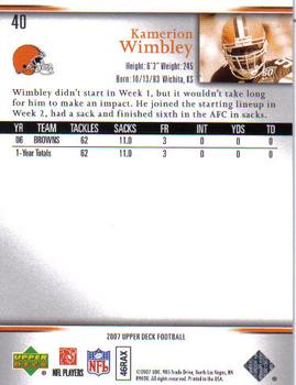 2007 Upper Deck #40 Kamerion Wimbley Back