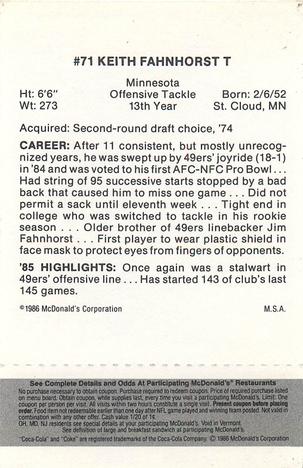 1986 McDonald's San Francisco 49ers - Full Game Pieces - Week 2 Black/Gray Tab #NNO Keith Fahnhorst Back