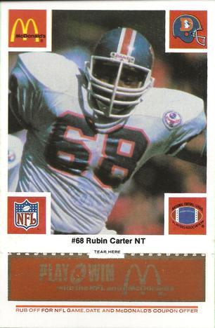 1986 McDonald's Denver Broncos - Full Game Pieces - Week 3 Gold/Orange Tab #NNO Rubin Carter Front