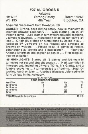 1986 McDonald's Cleveland Browns - Full Game Pieces - Week 2 Black/Gray Tab #NNO Al Gross Back