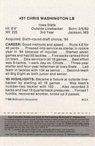 1986 McDonald's Tampa Bay Buccaneers - Full Game Pieces - Week 2 Black/Gray Tab #NNO Chris Washington Back