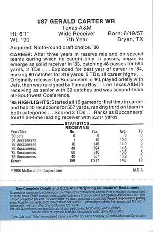 1986 McDonald's Tampa Bay Buccaneers - Full Game Pieces - Week 1 Blue Tab #NNO Gerald Carter Back