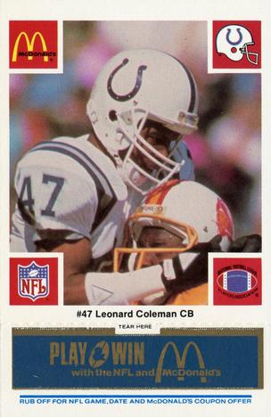 1986 McDonald's Indianapolis Colts - Full Game Pieces - Week 1 Blue Tab #NNO Leonard Coleman Front