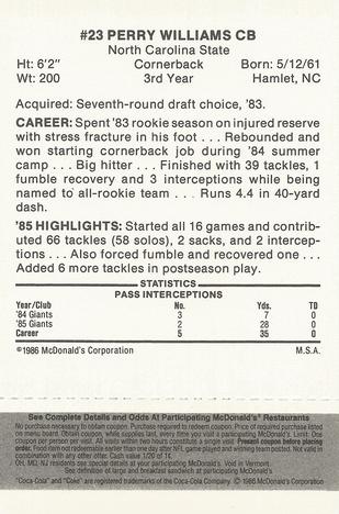 1986 McDonald's New York Giants - Full Game Pieces - Week 2 Black/Gray Tab #NNO Perry Williams Back