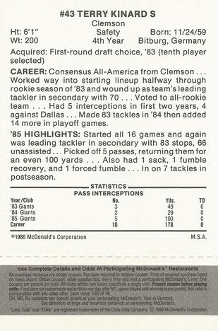 1986 McDonald's New York Giants - Full Game Pieces - Week 2 Black/Gray Tab #NNO Terry Kinard Back