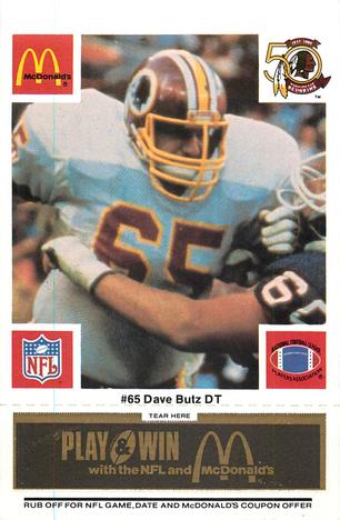 1986 McDonald's Washington Redskins - Full Game Pieces - Week 2 Black/Gray Tab #NNO Dave Butz Front