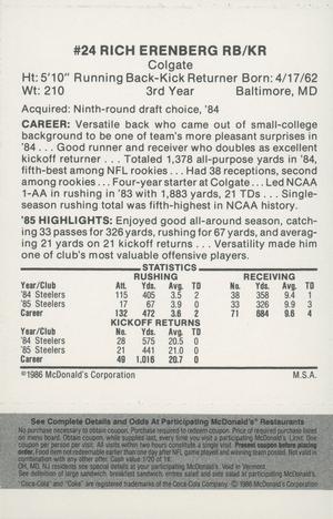 1986 McDonald's Pittsburgh Steelers - Full Game Pieces - Week 2 Black/Gray Tab #NNO Rich Erenberg Back