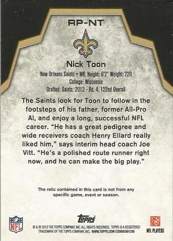 2012 Topps - Rookie Patch #RP-NT Nick Toon Back