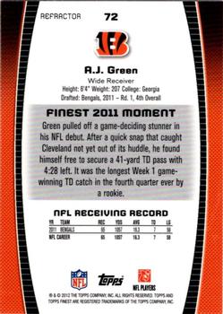 2012 Finest - Prism Refractors #72 A.J. Green Back