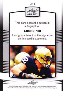 2012 Leaf Draft - Autographs Blue #LN1 Lucas Nix Back