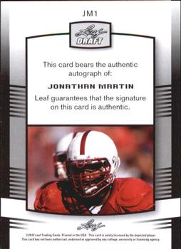 2012 Leaf Draft - Autographs Red #JM1 Jonathan Martin Back