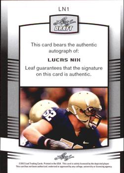 2012 Leaf Draft - Autographs Red #LN1 Lucas Nix Back