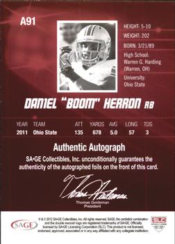 2012 SAGE HIT - Autographs Gold #A91 Boom Herron Back