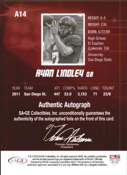 2012 SAGE HIT - Autographs Silver #A14 Ryan Lindley Back