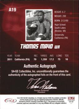 2012 SAGE HIT - Autographs Silver #A19 Thomas Mayo Back