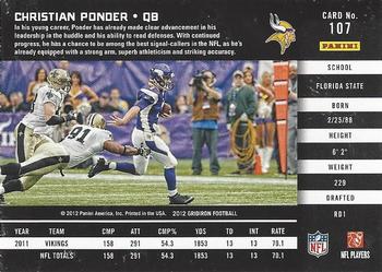 2012 Panini Gridiron #107 Christian Ponder Back