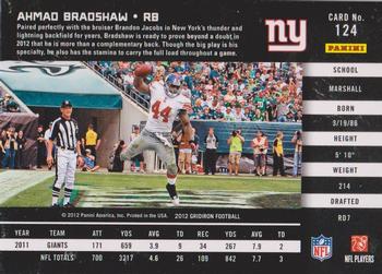 2012 Panini Gridiron #124 Ahmad Bradshaw Back