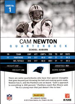 2012 Panini Absolute #1 Cam Newton Back