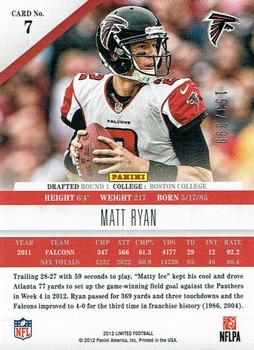 2012 Panini Limited #7 Matt Ryan Back