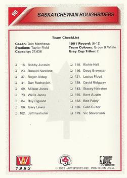 1992 All World CFL #96 Saskatchewan Roughriders Checklist Back