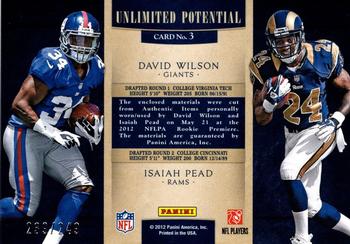 2012 Panini Prominence - Unlimited Potential Materials Combos #3 David Wilson / Isaiah Pead Back
