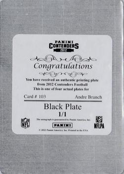 2012 Panini Contenders - Printing Plates Black #103 Andre Branch Back