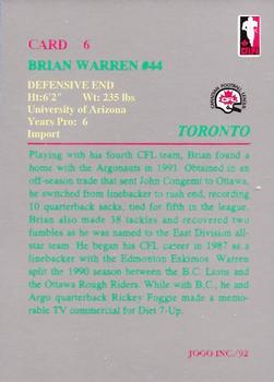 1992 JOGO #6 Brian Warren Back