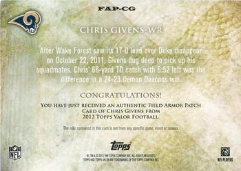 2012 Topps Valor - Field Armor Patches #FAP-CG Chris Givens Back