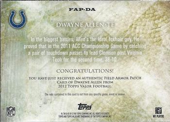 2012 Topps Valor - Field Armor Patches #FAP-DA Dwayne Allen Back