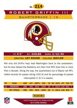 2013 Score #214 Robert Griffin III Back