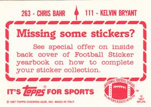 1987 Topps Stickers #111 / 263 Kelvin Bryant / Chris Bahr Back