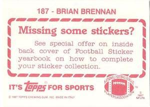 1987 Topps Stickers #187 Brian Brennan Back