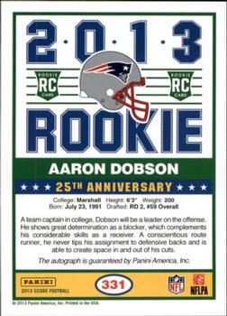 2013 Score - Rookie Signatures Blue #331 Aaron Dobson Back