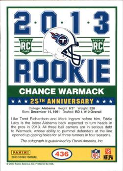 2013 Score - Rookie Signatures Blue #436 Chance Warmack Back
