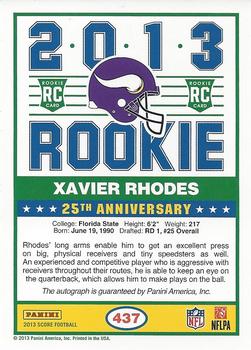 2013 Score - Rookie Signatures Blue #437 Xavier Rhodes Back