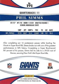 2013 Panini Certified #191 Phil Simms Back