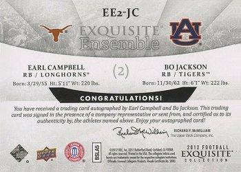 2012 Upper Deck Exquisite Collection - Ensemble 2 Signatures #EE2-JC Bo Jackson / Earl Campbell Back