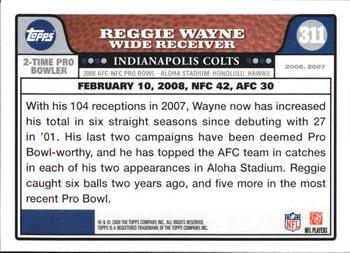 2008 Topps #311 Reggie Wayne Back