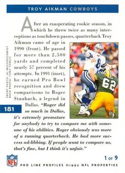 1992 Pro Line Profiles #181 Troy Aikman Back