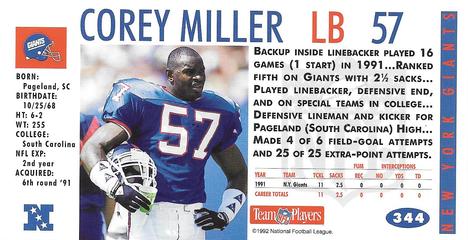 1992 GameDay #344 Corey Miller Back