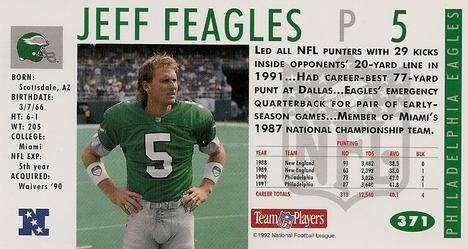 1992 GameDay #371 Jeff Feagles Back
