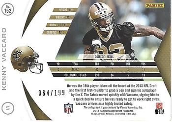 2013 Panini Momentum - Rookie Signatures Silver #152 Kenny Vaccaro Back