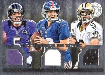 2013 Panini Totally Certified - Stitches in Time #52 Joe Flacco / Eli Manning / Drew Brees Front