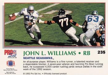 1992 Pro Set Power #235 John L. Williams Back