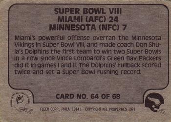 1978 Fleer Team Action #64 Super Bowl VIII Back
