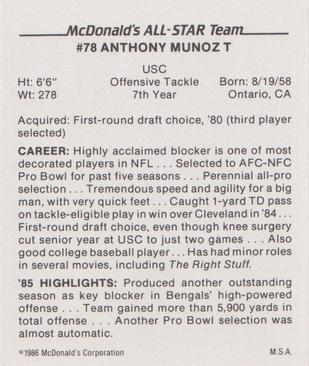 1986 McDonald's All-Star Team #NNO Anthony Munoz Back