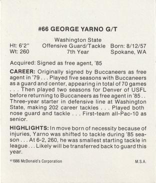 1986 McDonald's Tampa Bay Buccaneers #NNO George Yarno Back