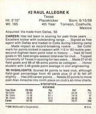 1986 McDonald's Indianapolis Colts #NNO Raul Allegre Back