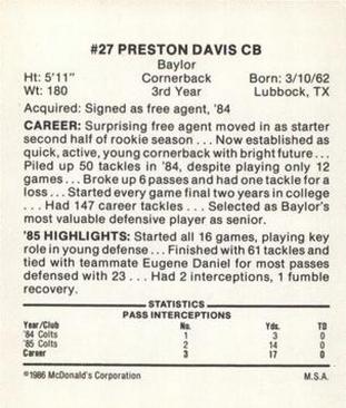 1986 McDonald's Indianapolis Colts #NNO Preston Davis Back